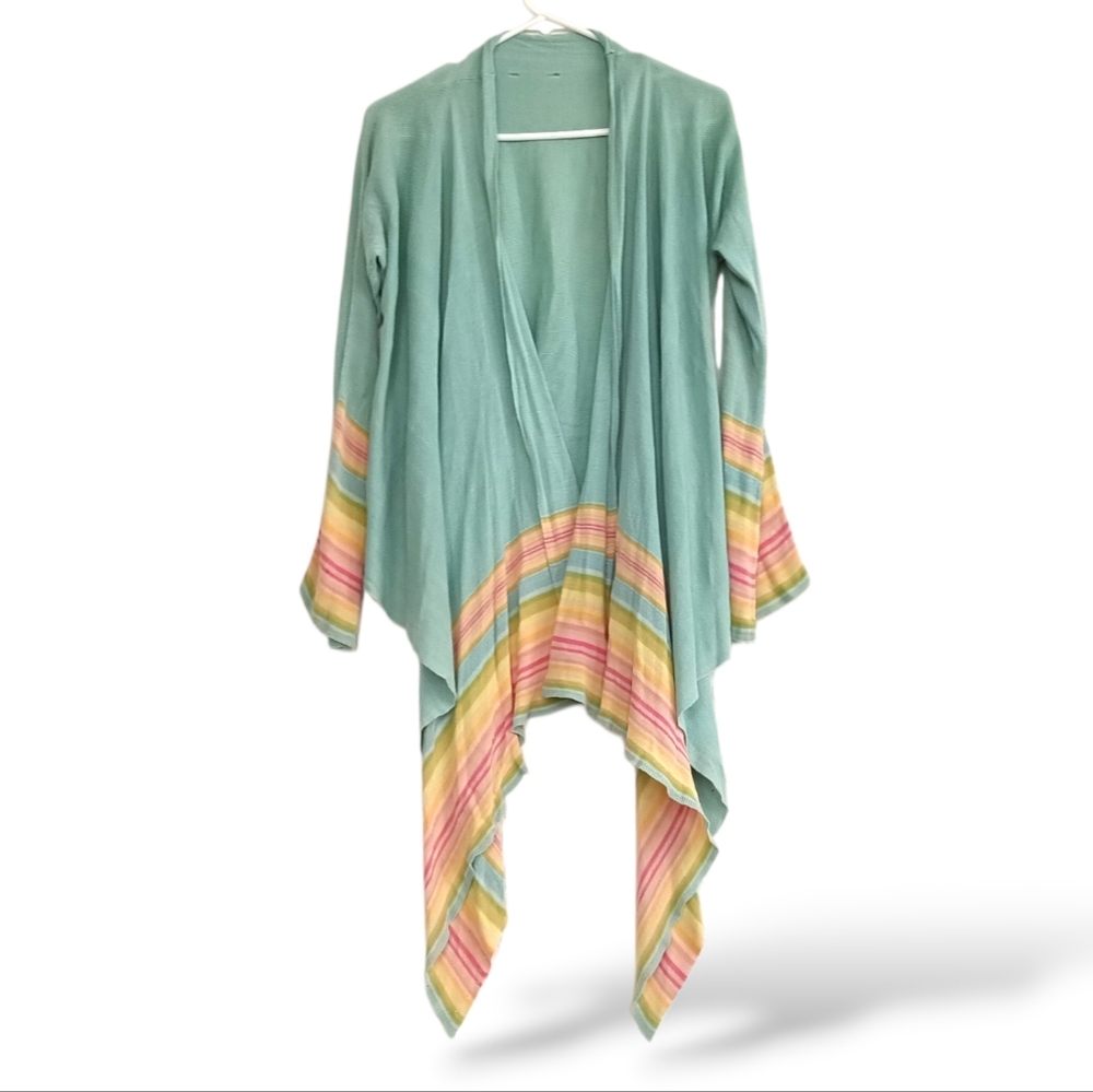 Aquamarine Silk Cardigan Sweater Pastel Rainbow Stripe Draped Open Front Flowy